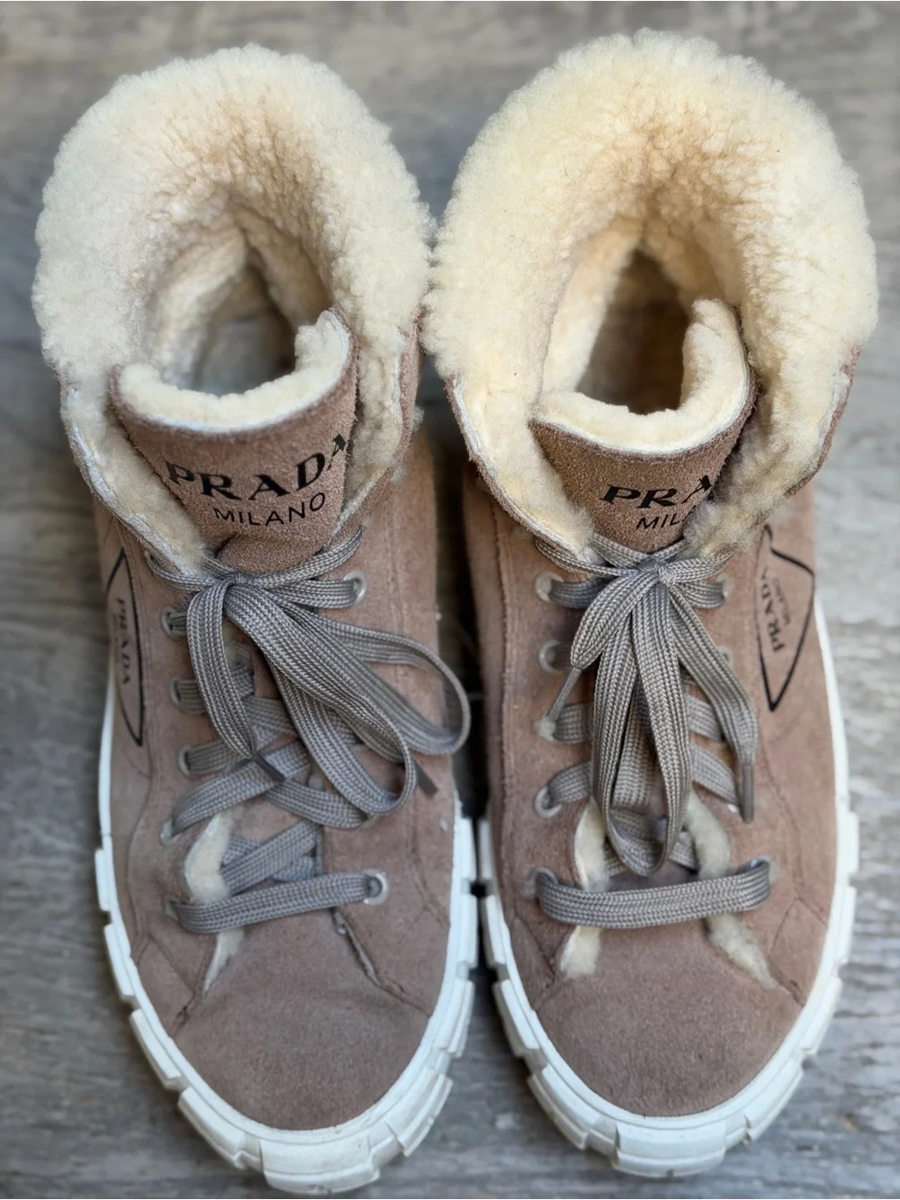Prada Brown Suede Shearling-Lined Sneakers
